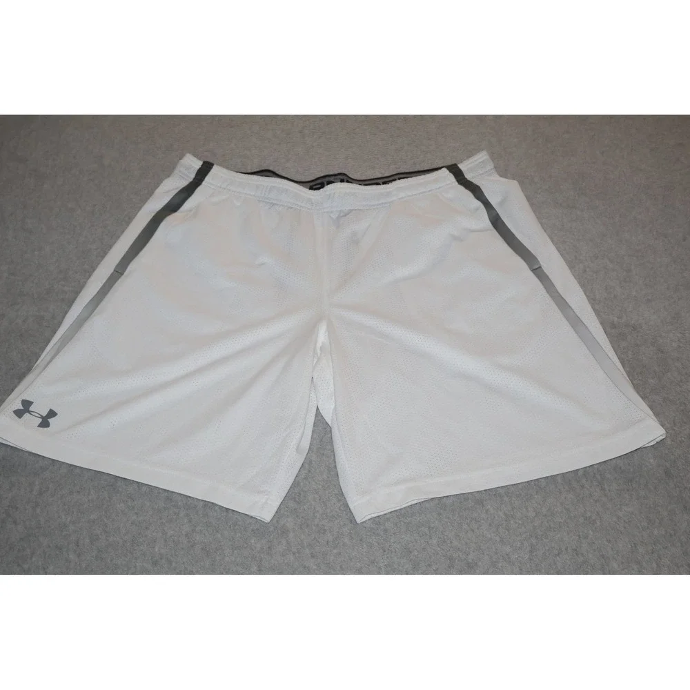 Under Armour Athletic Shorts Mens 2XL White HeatGear Mesh Loose Fit Gym Training